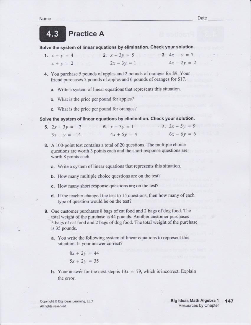 Lesson 8 Homework Practice Solve System Of Equations Algebraically
