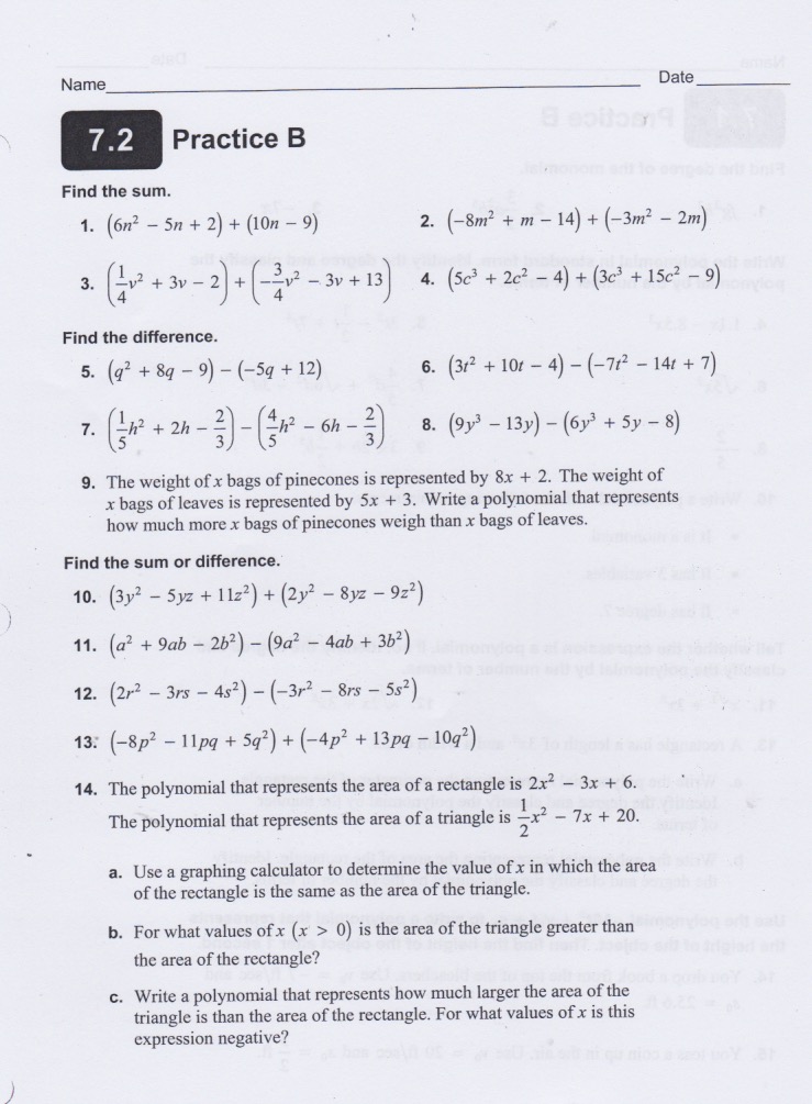 Adding And Subtracting Polynomials Worksheet Answer Key - algebra 1 and